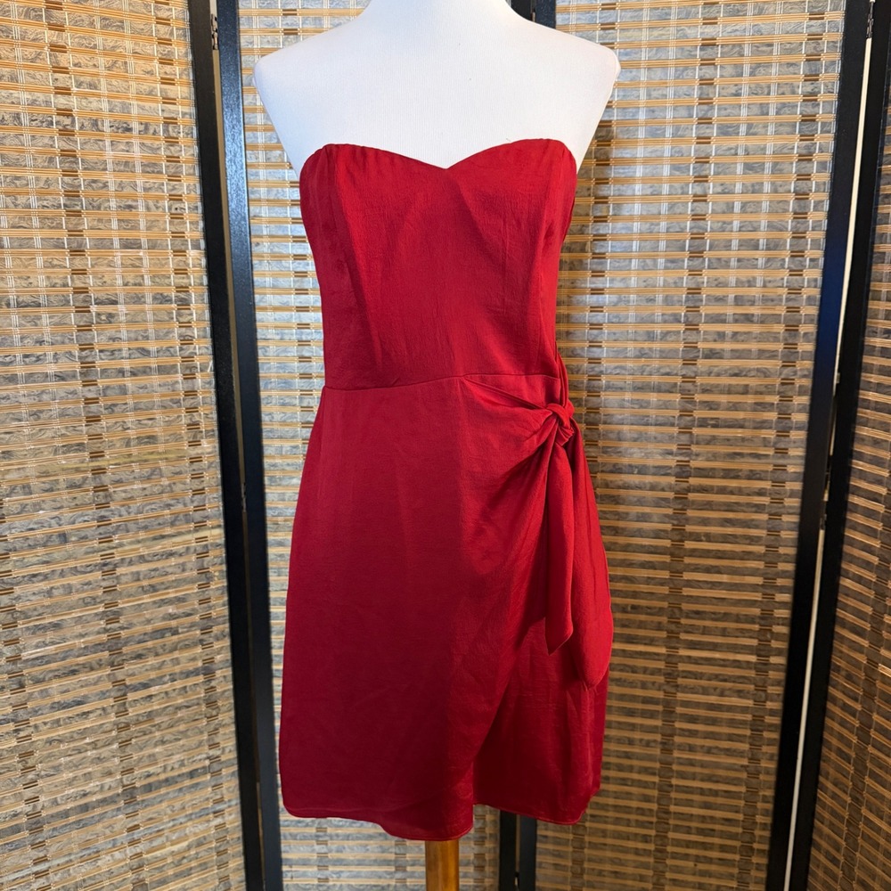 Express Strapless Faux Wrap Dress Women 10 Red Sweetheart Neck Tie 007923557